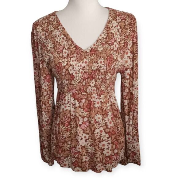 SONOMA BROWN & PINK FLORAL SMOCKED BLOUSE SZ.M EUC. - Picture 1 of 8